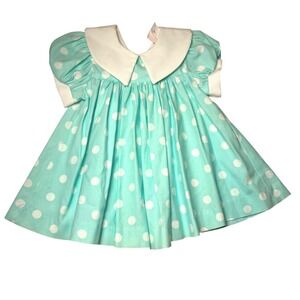 Vintage Lanz for Girls Mint Green Polka Dot Dress Peter Pan Collar 12MO USA